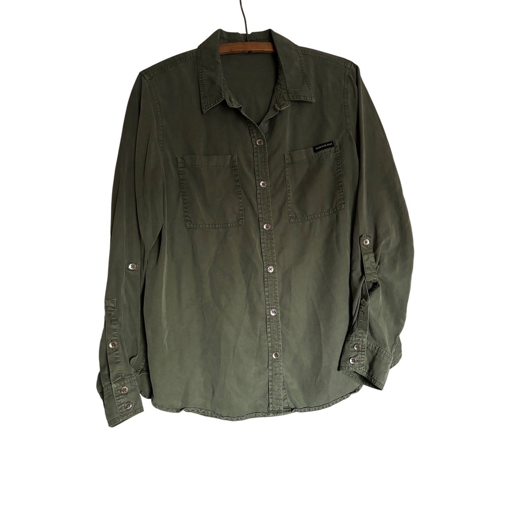 Calvin Klein M Jeans Womens Olive Green Tencel Lyocell Roll Tab Utility Shirt